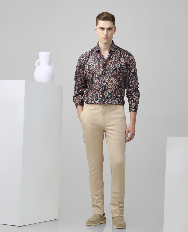 Wine Tencel Print Premium Cotton Slim Fit Shirt