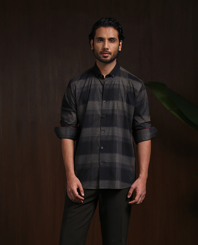 Olive Slim Fit Shirt with Modern Chex Detailing