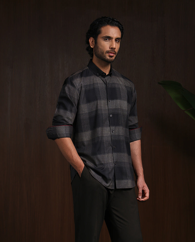 Olive Slim Fit Shirt with Modern Chex Detailing