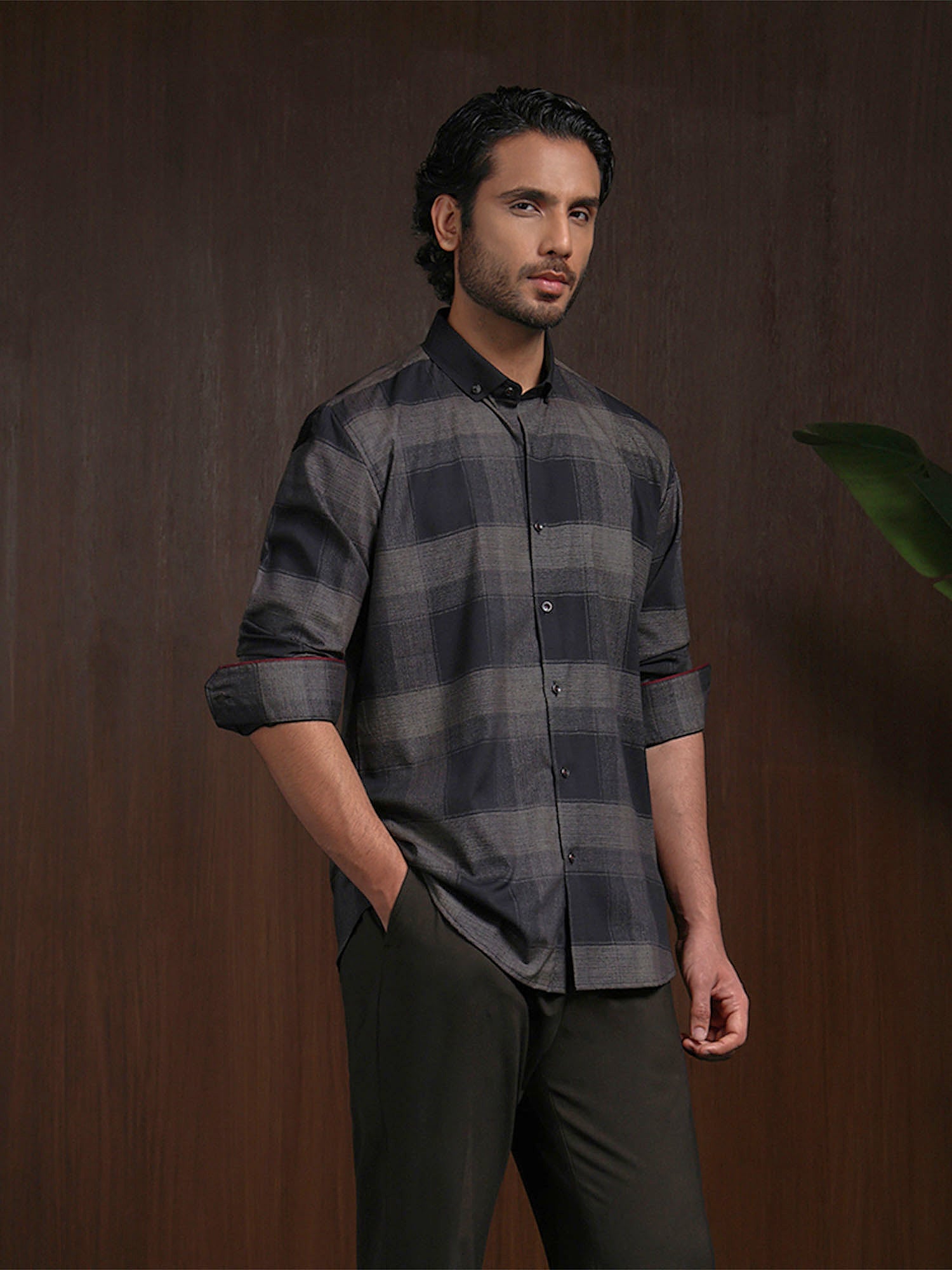 Olive Slim Fit Shirt with Modern Chex Detailing