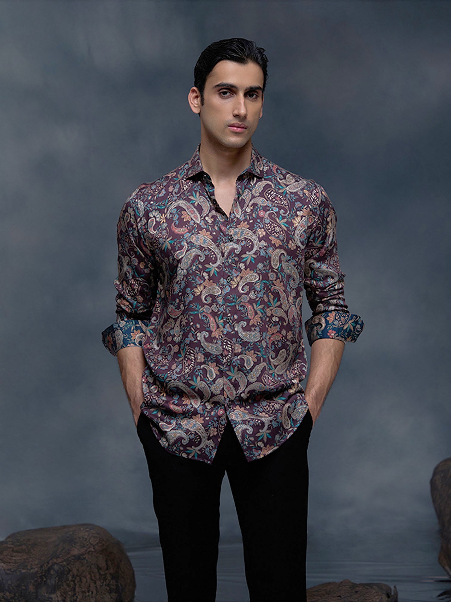 Brown with Multi-Paisley Print Slim Fit Shirt
