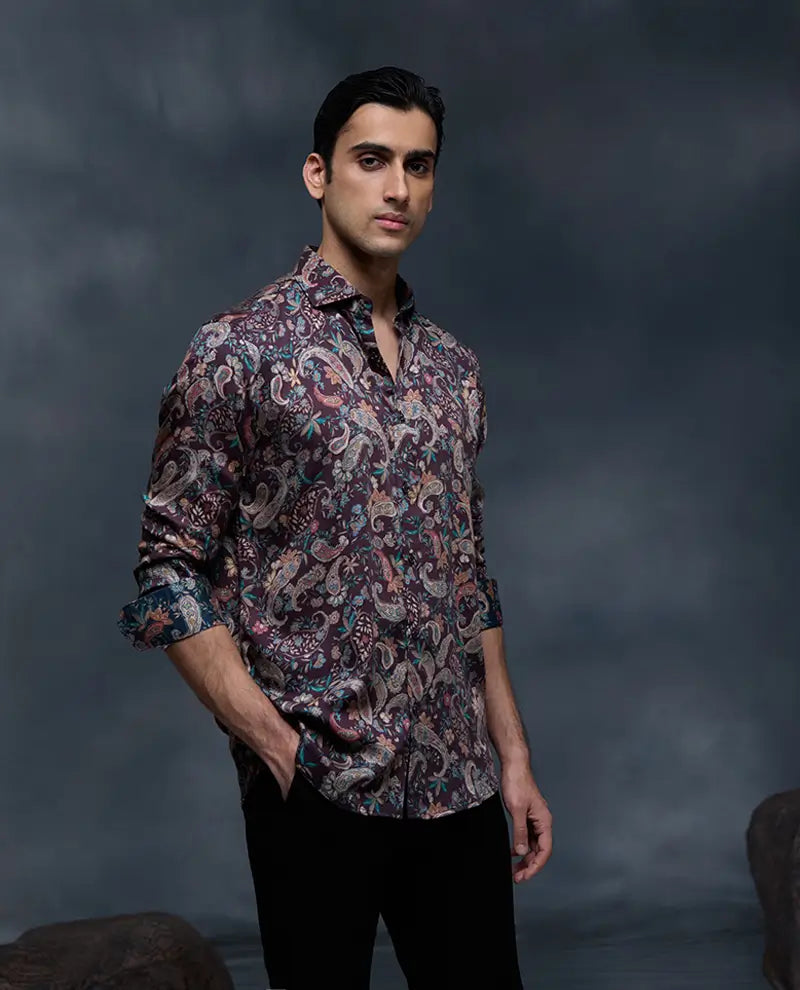 Wine with Multi-Paisley Print Slim Fit Shirt