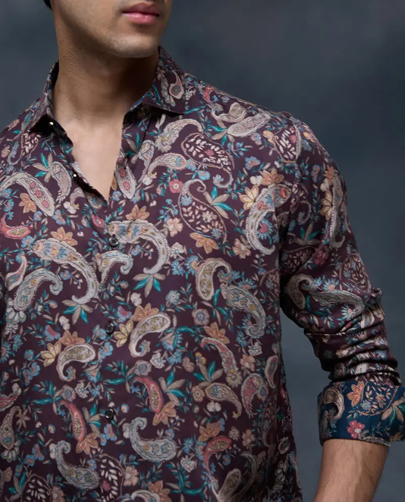 Wine with Multi-Paisley Print Slim Fit Shirt
