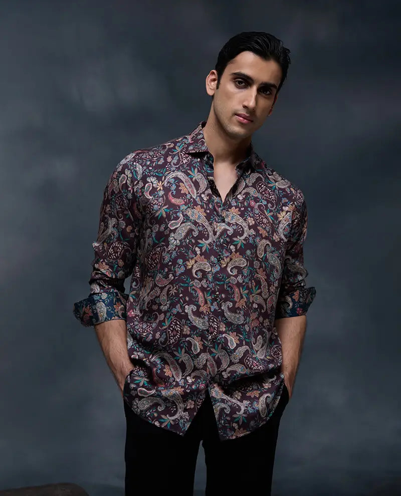 Wine with Multi-Paisley Print Slim Fit Shirt