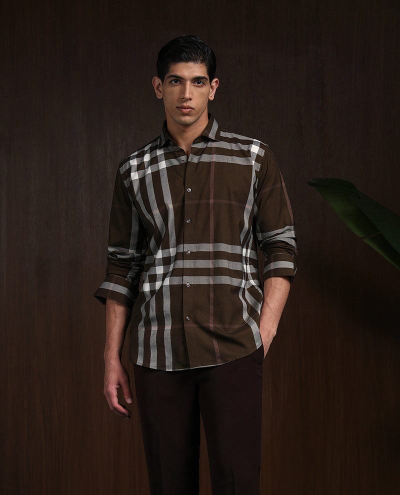 Brown Slim Fit Cotton Shirt with Distinctive Chex Finish