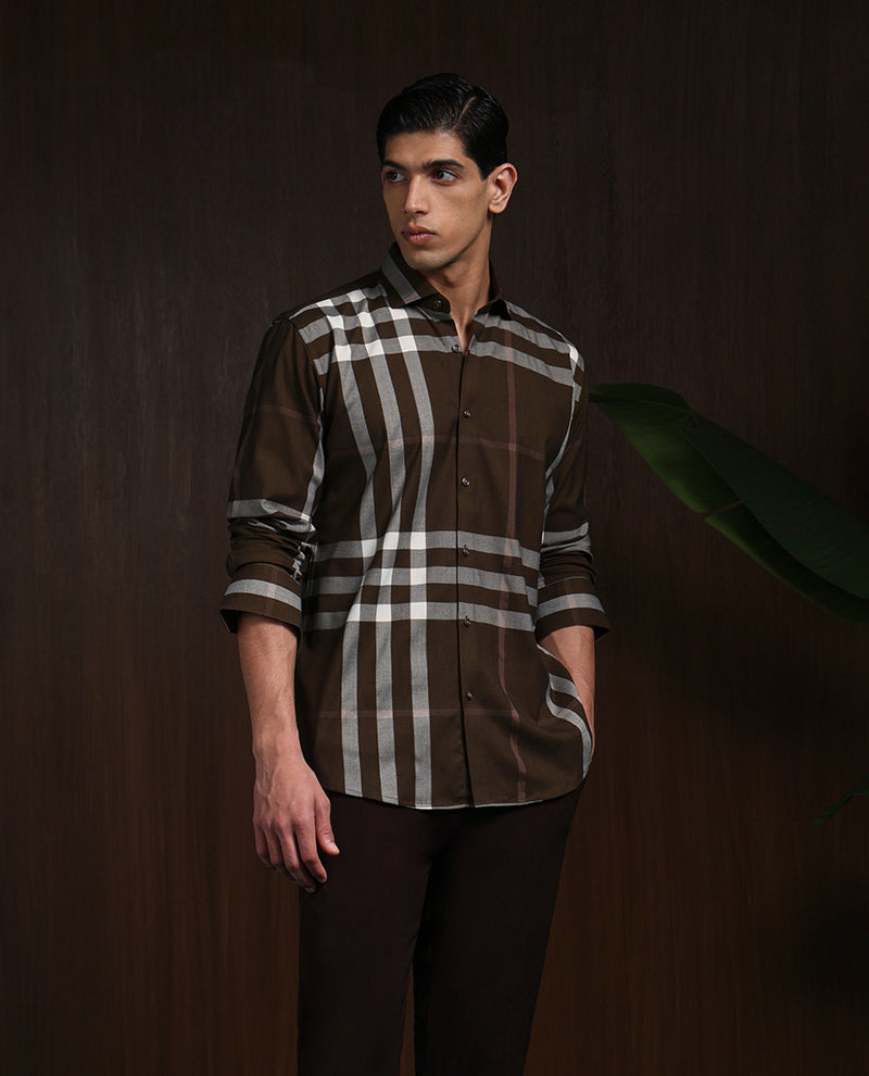 Brown Slim Fit Cotton Shirt with Distinctive Chex Finish