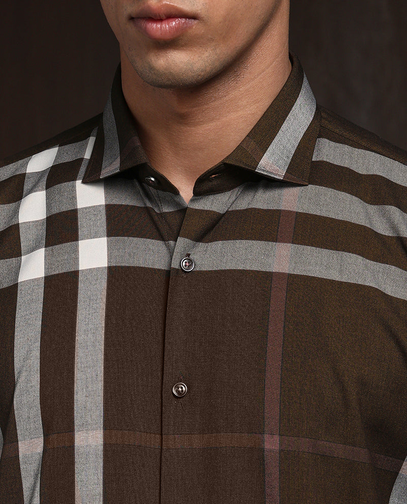 Brown Slim Fit Cotton Shirt with Distinctive Chex Finish
