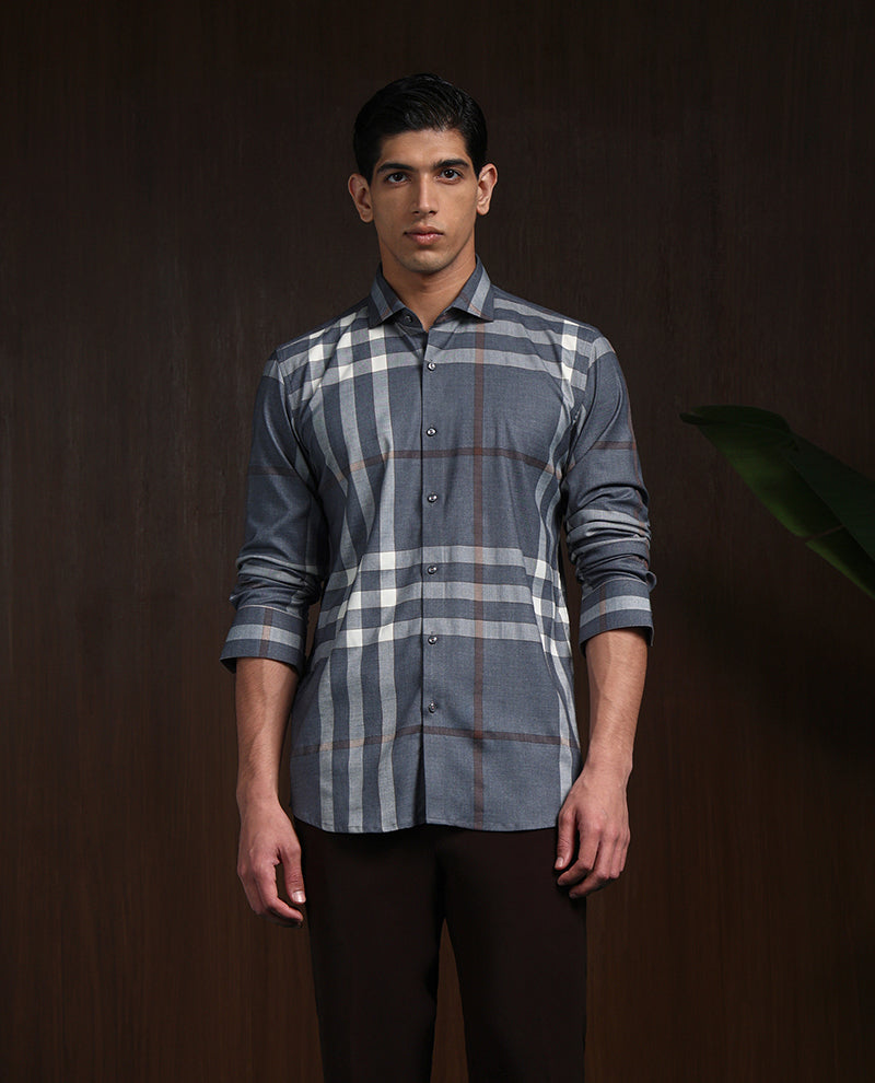 Grey Slim Fit Tencel Shirt with Refined Chex Design