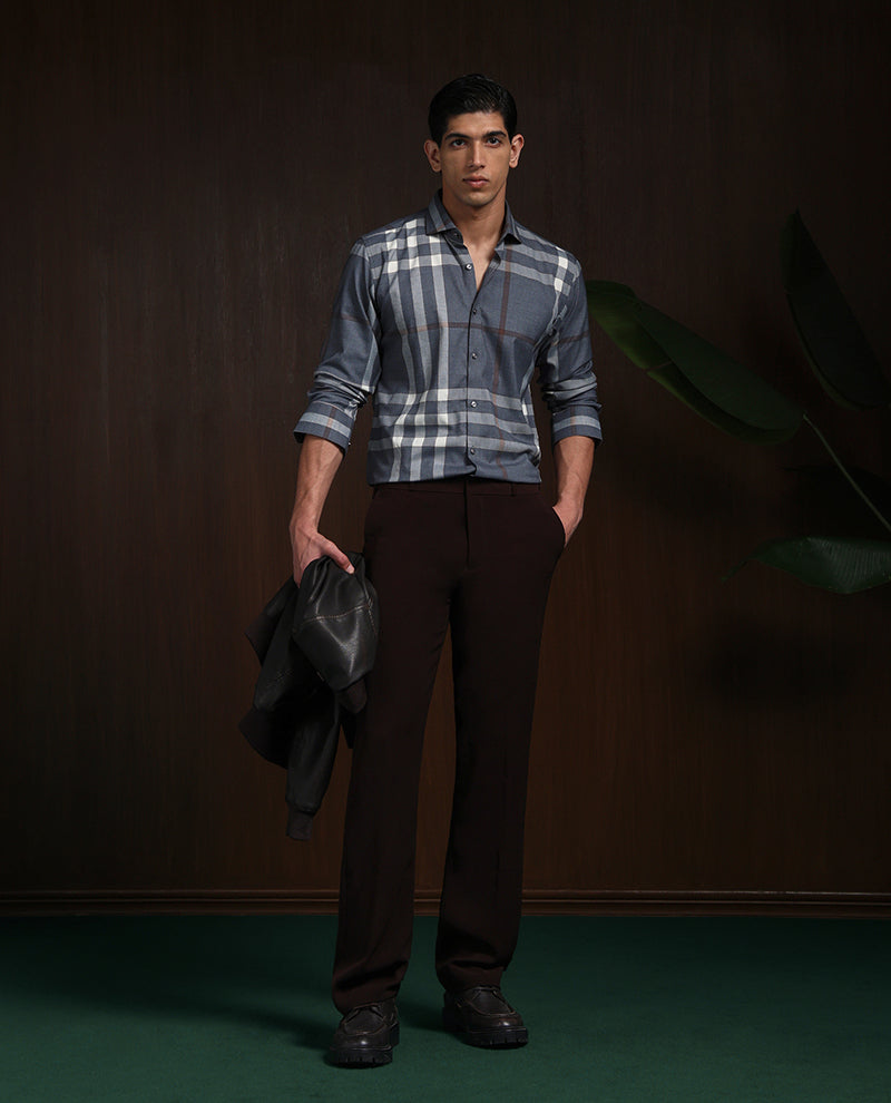 Grey Slim Fit Tencel Shirt with Refined Chex Design