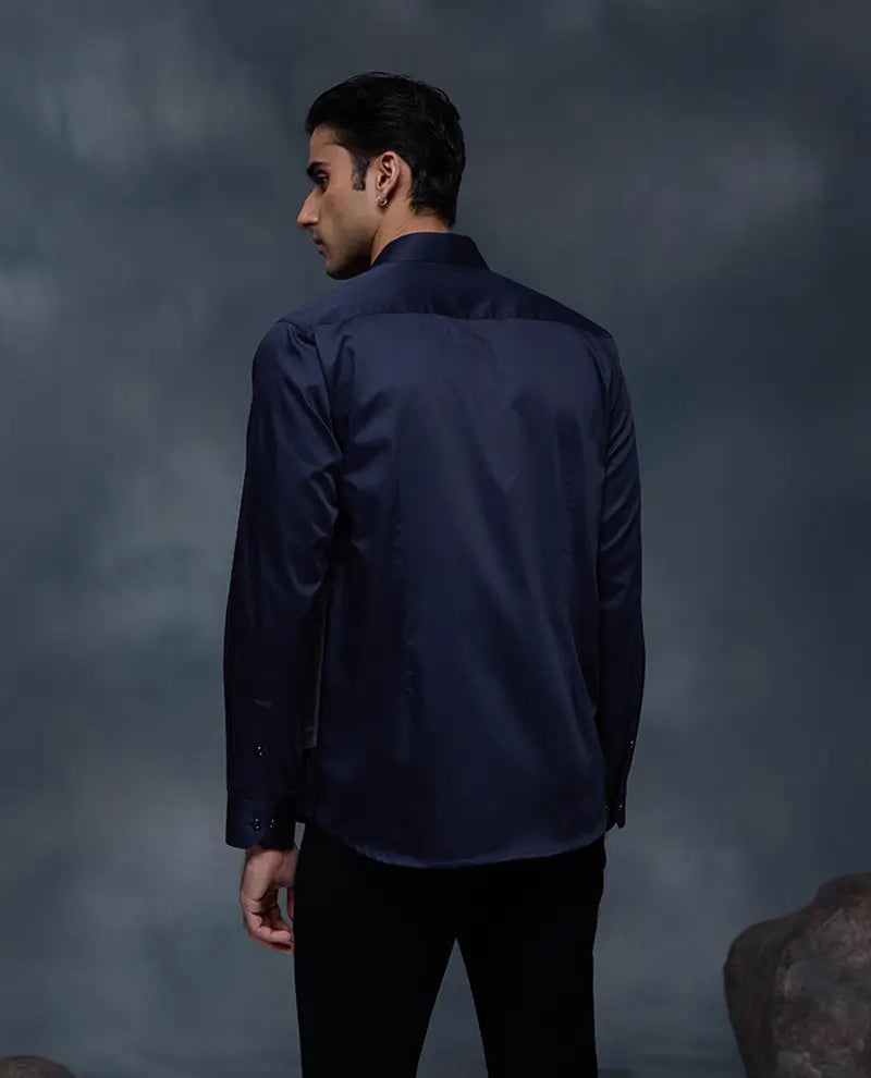 Blue and Grey with Hand Embroidery Premium Cotton Slim Fit Shirt