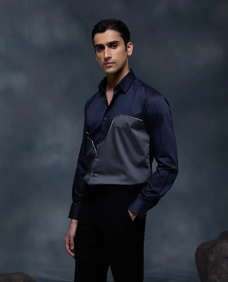 Blue and Grey with Hand Embroidery Premium Cotton Slim Fit Shirt