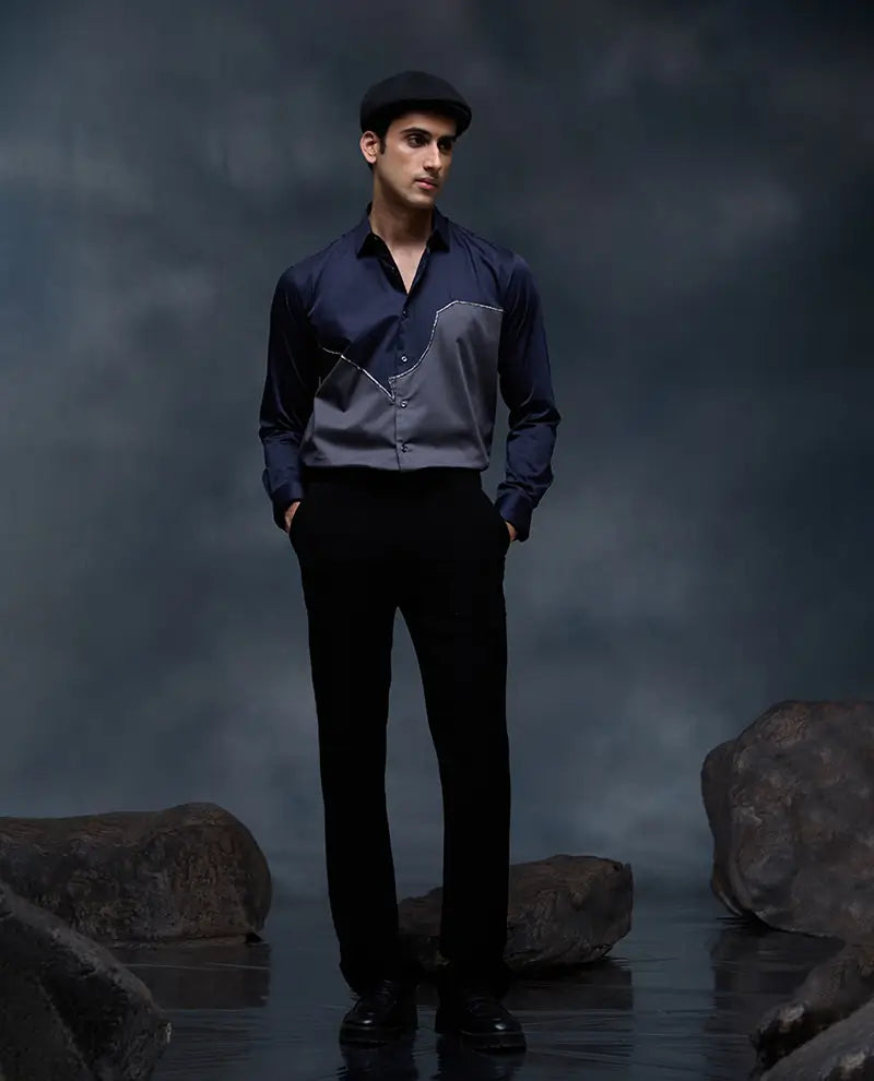 Blue and Grey with Hand Embroidery Premium Cotton Slim Fit Shirt