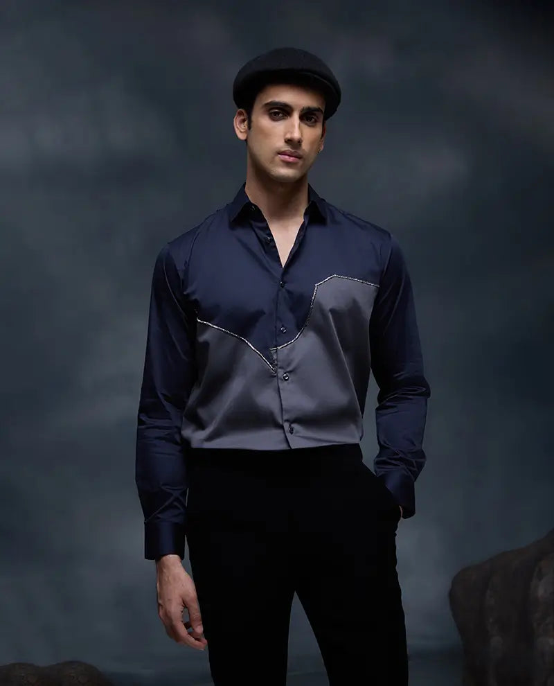 Blue and Grey with Hand Embroidery Premium Cotton Slim Fit Shirt