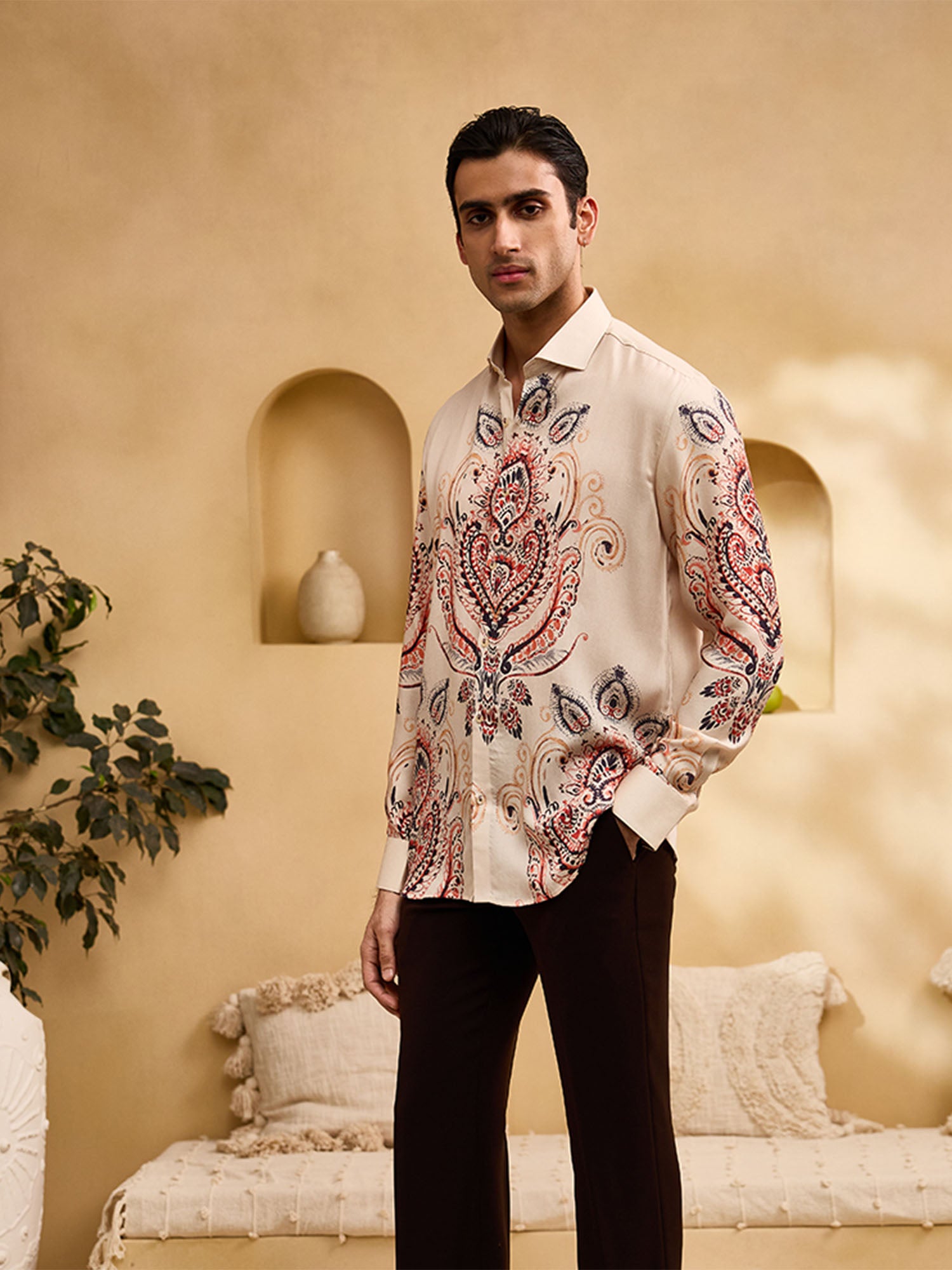 Beige Geometric Print Slim Fit Shirt