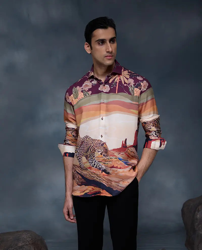 Multi Floral and Cheetah Print Slim Fit Shirt