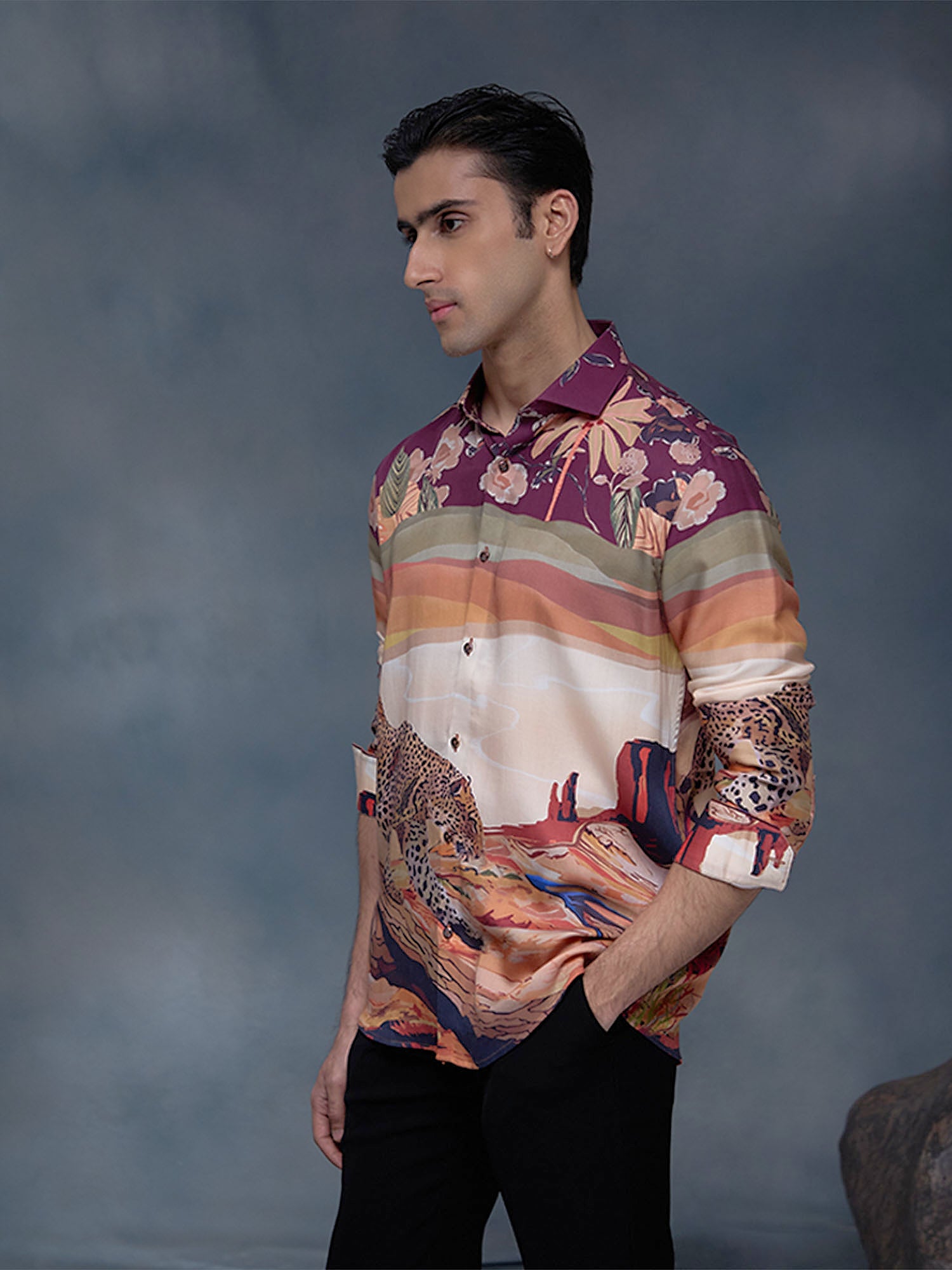 Multi Floral and Cheetah Print Slim Fit Shirt
