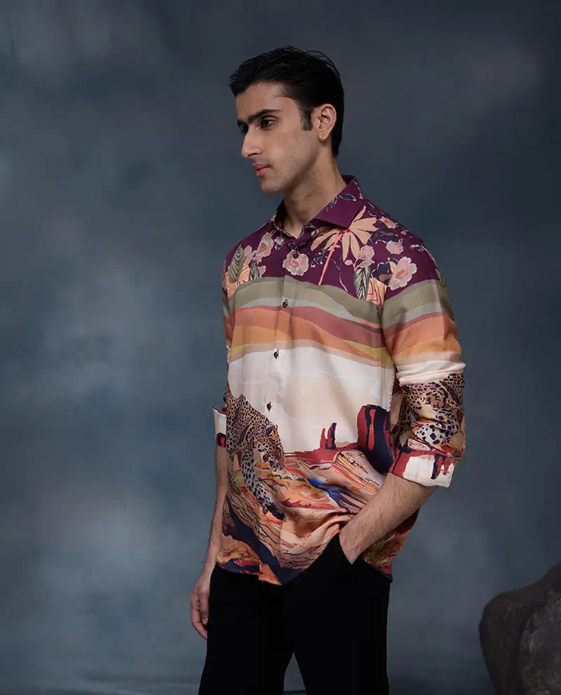 Multi Floral and Cheetah Print Slim Fit Shirt