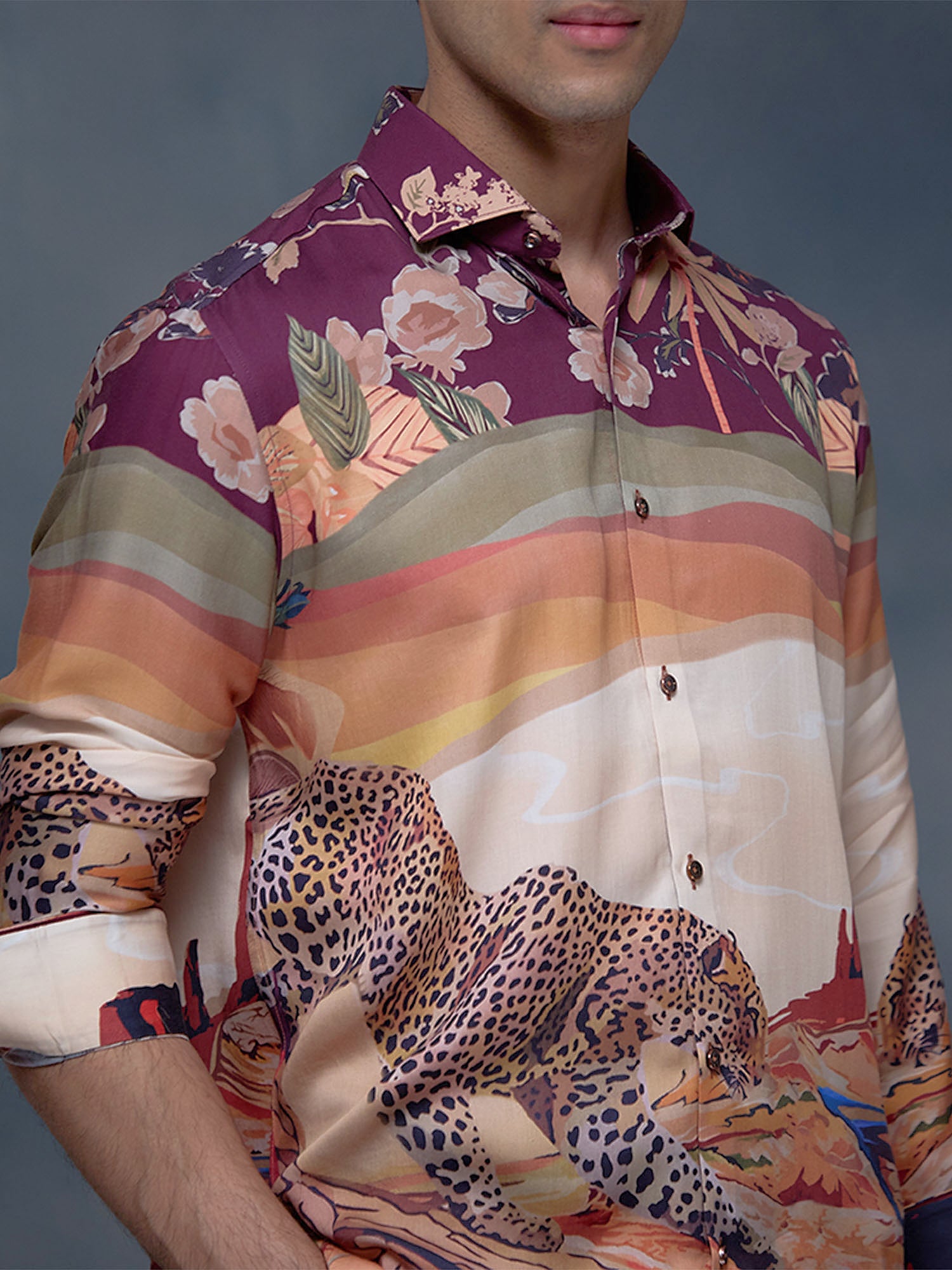 Multi Floral and Cheetah Print Slim Fit Shirt