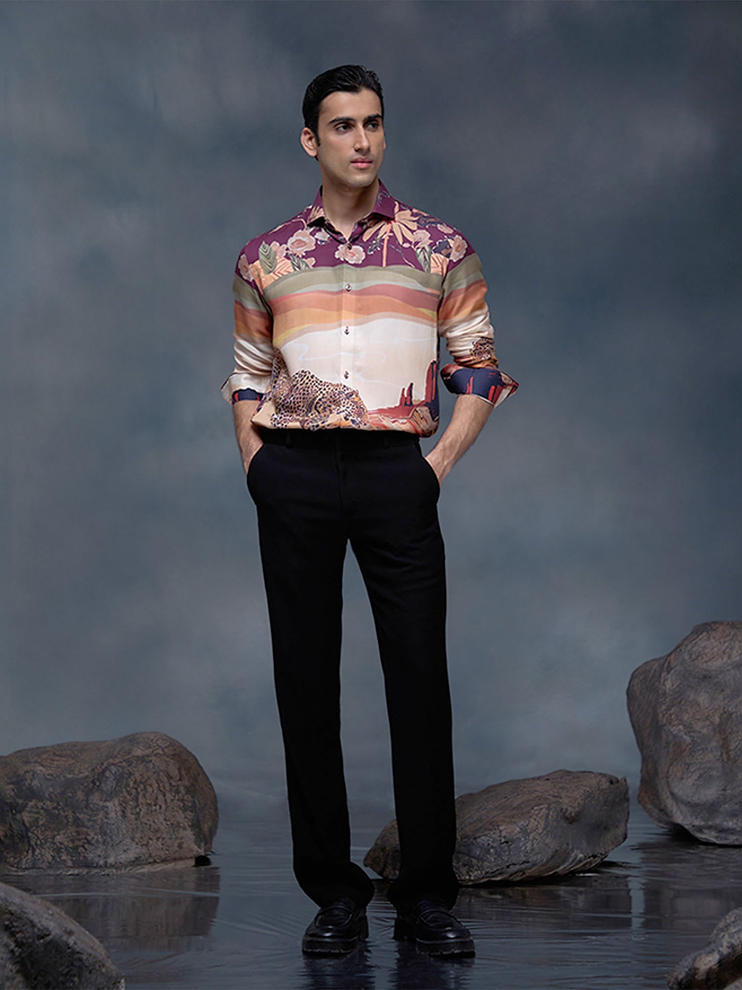 Multi Floral and Cheetah Print Slim Fit Shirt