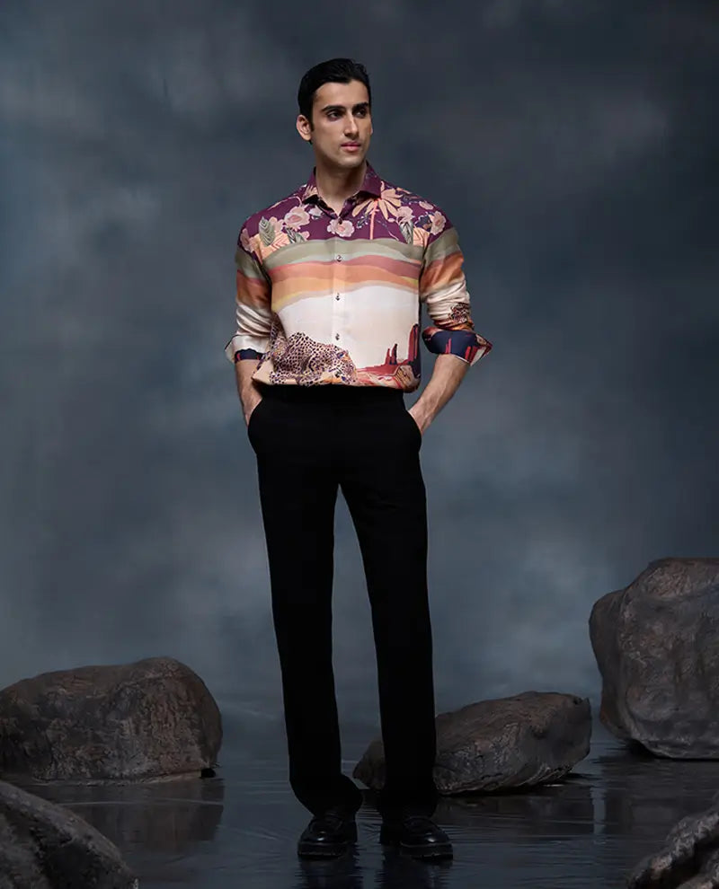 Multi Floral and Cheetah Print Slim Fit Shirt