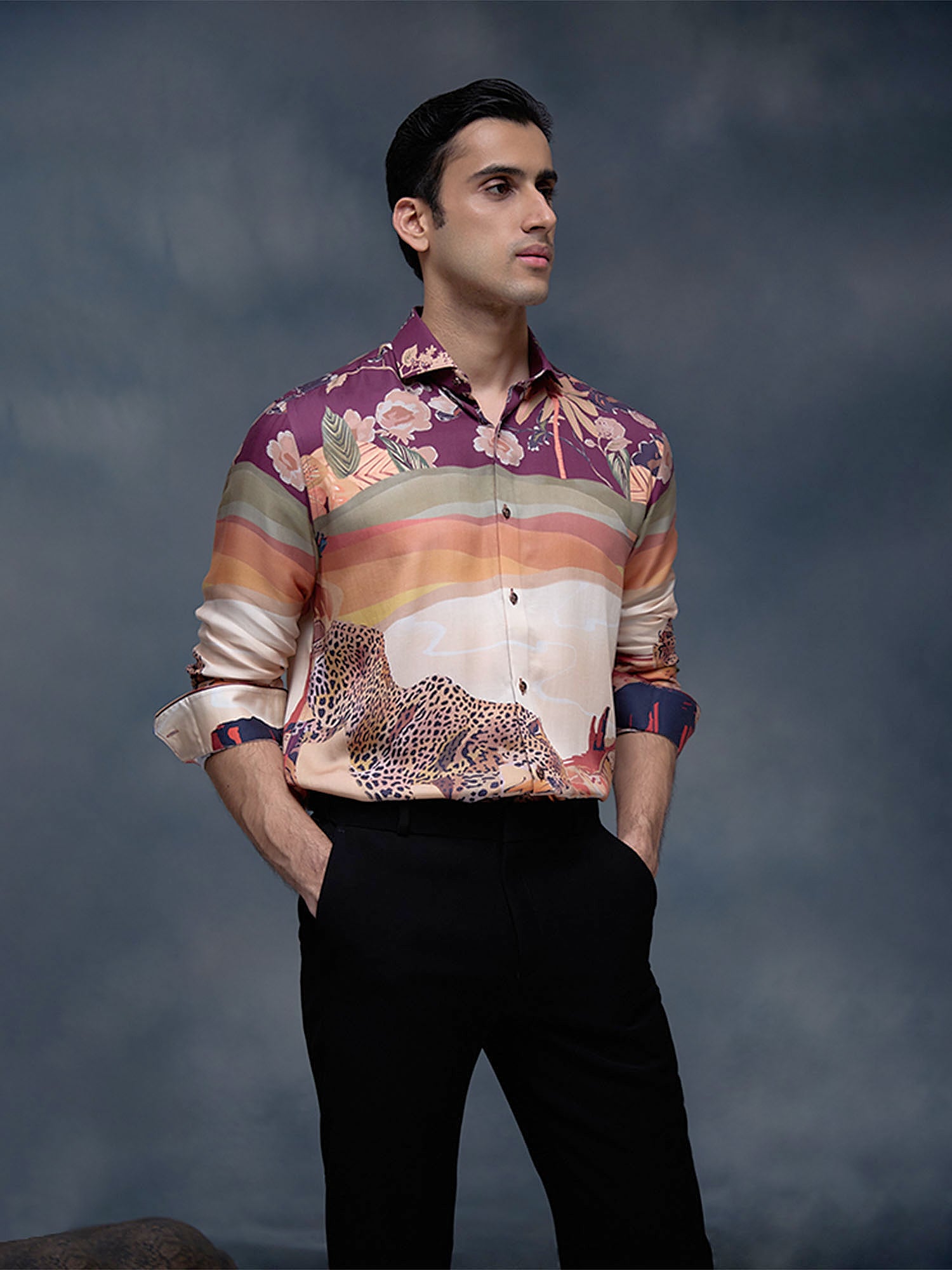 Multi Floral and Cheetah Print Slim Fit Shirt
