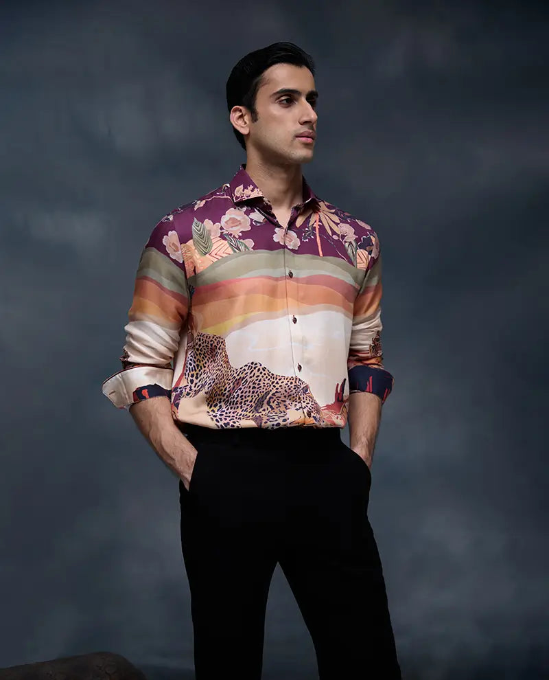 Multi Floral and Cheetah Print Slim Fit Shirt