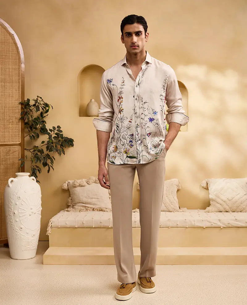 Beige Floral Print Slim Fit Shirt