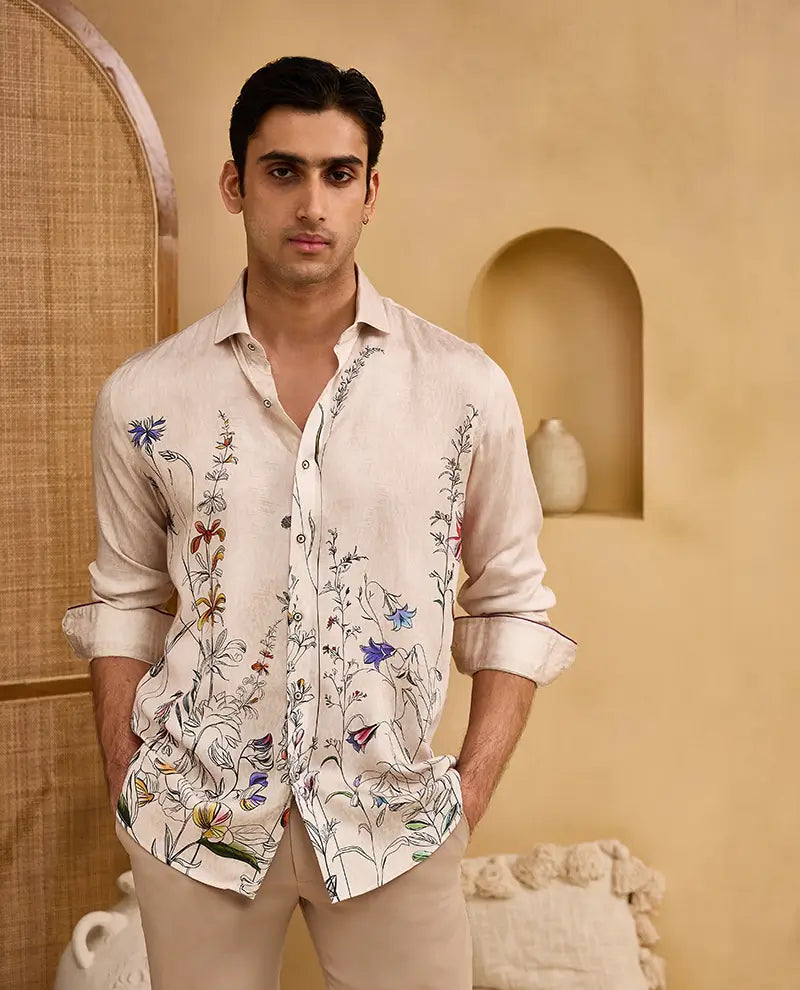 Beige Floral Print Slim Fit Shirt