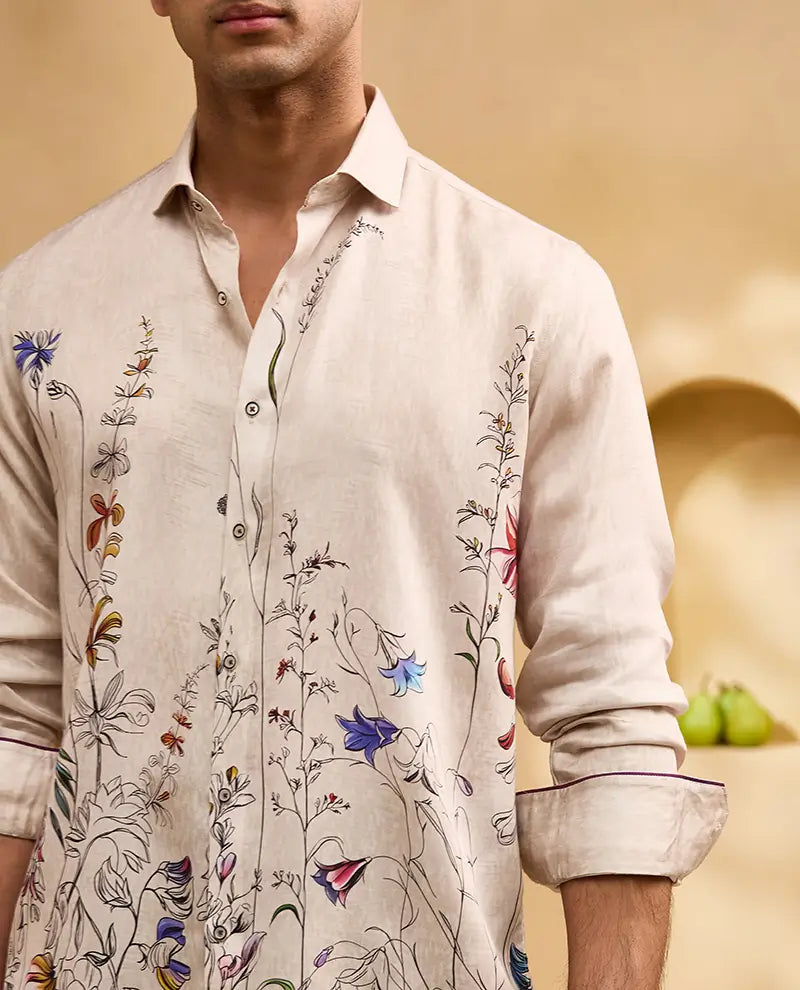 Beige Floral Print Slim Fit Shirt