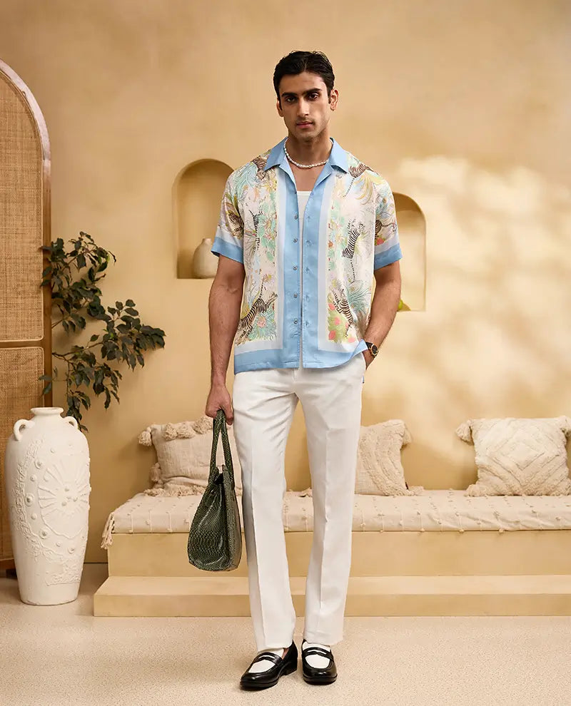 White Tiger and Blue Floral Cuban Regular Fit Shirt