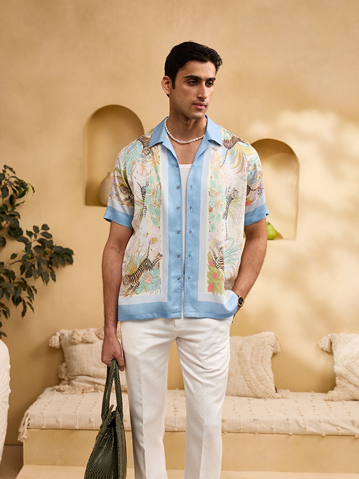 White Tiger and Blue Floral Cuban Regular Fit Shirt