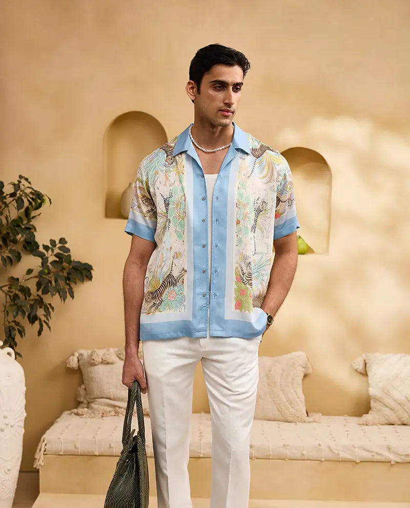 White Tiger and Blue Floral Cuban Regular Fit Shirt