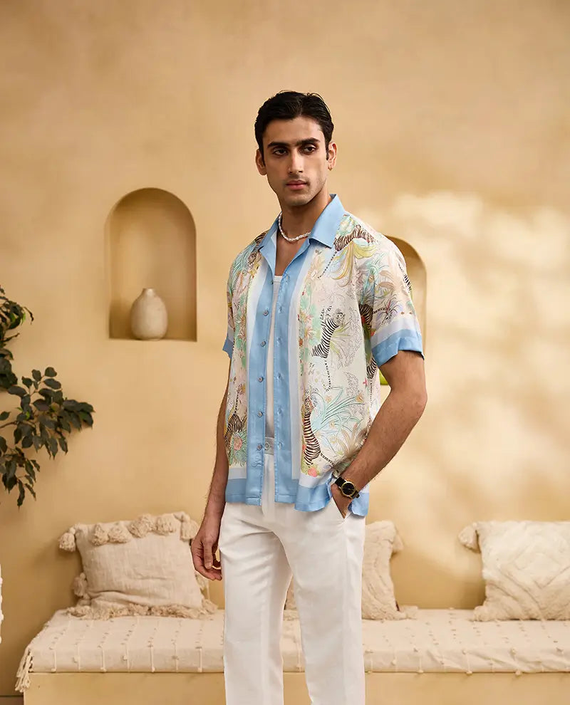 White Tiger and Blue Floral Cuban Regular Fit Shirt