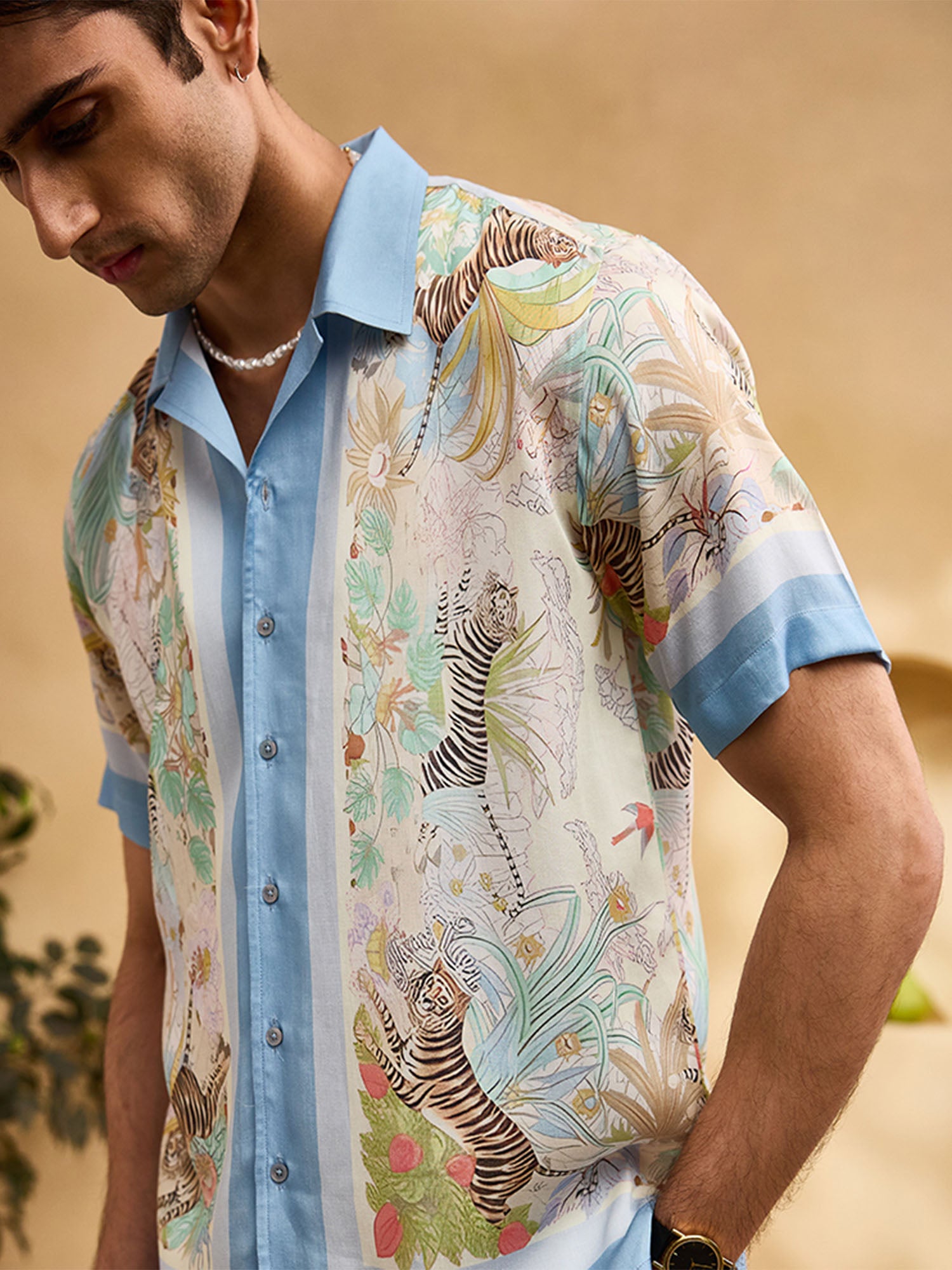 White Tiger and Blue Floral Cuban Regular Fit Shirt