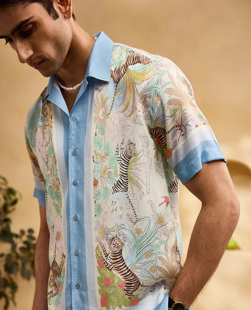 White Tiger and Blue Floral Cuban Regular Fit Shirt