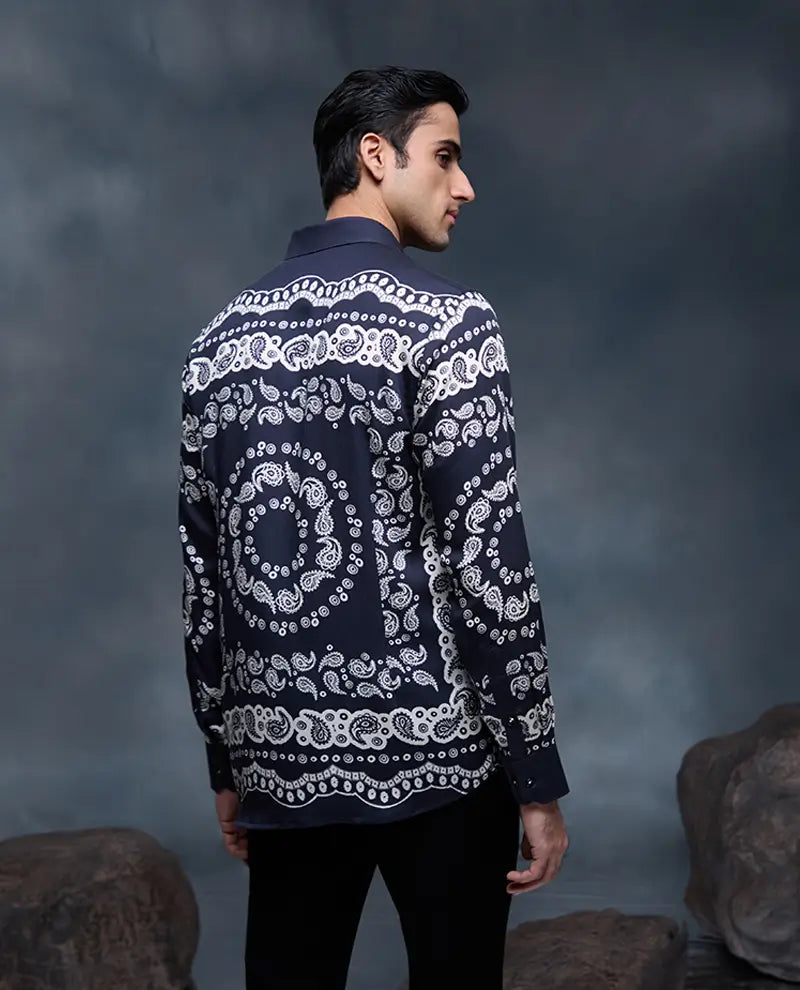 Black Geometric Print Slim Fit Shirt