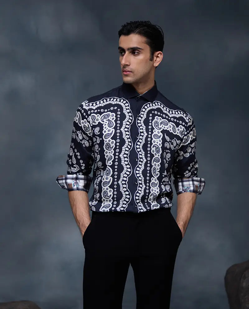 Black Geometric Print Slim Fit Shirt