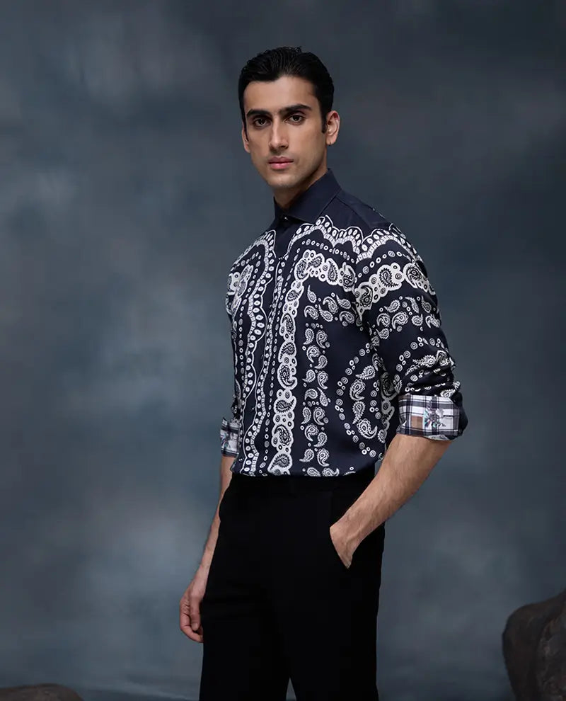 Black Geometric Print Slim Fit Shirt
