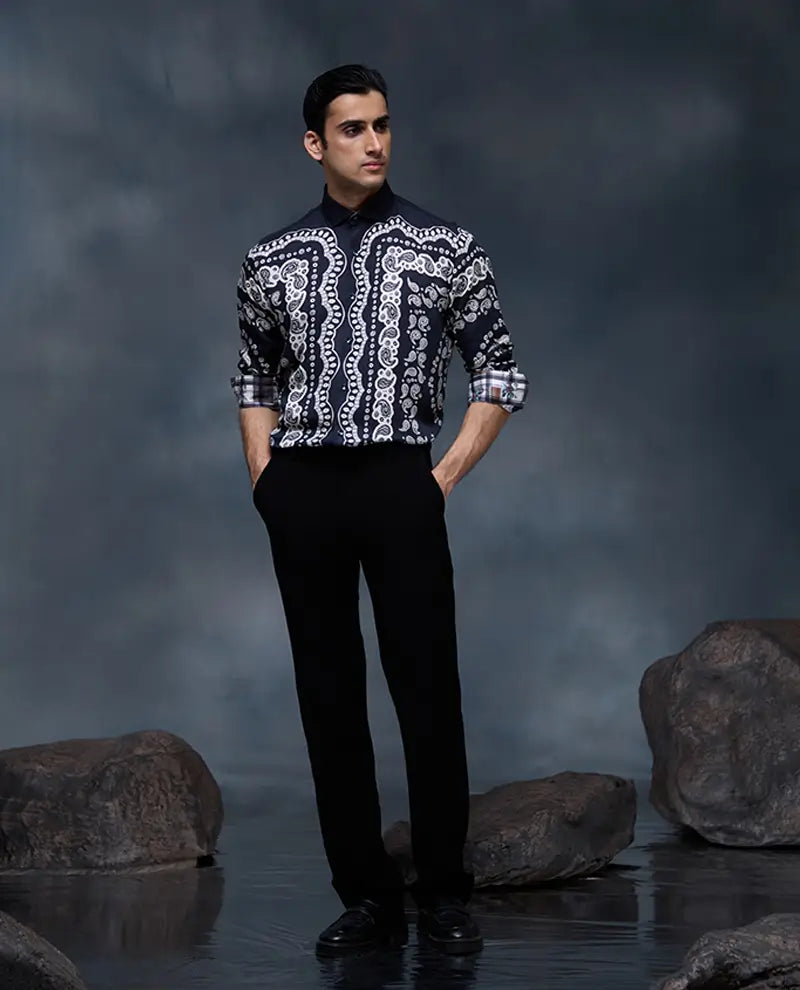 Black Geometric Print Slim Fit Shirt