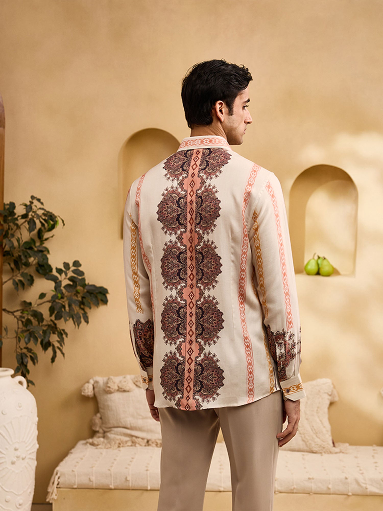 Beige Floral and Geometric Striped Print Slim Fit Shirt