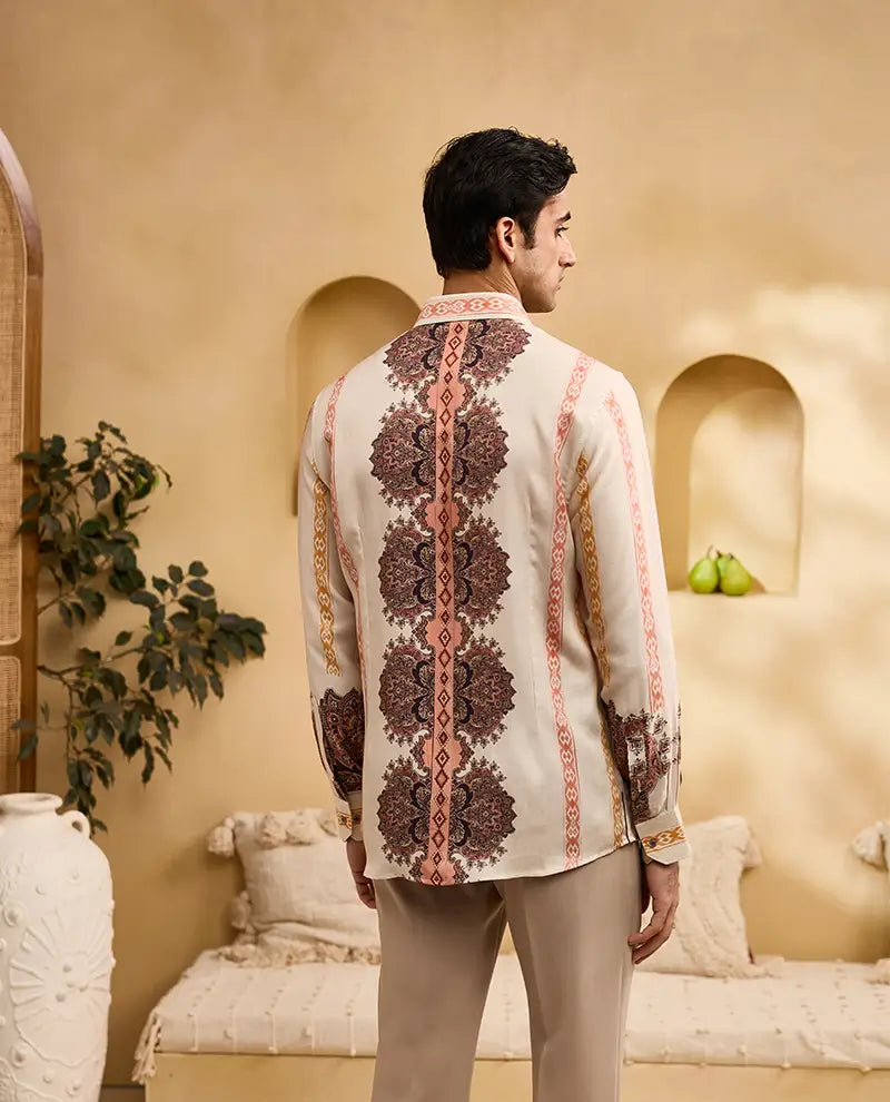 Beige Floral and Geometric Striped Print Slim Fit Shirt