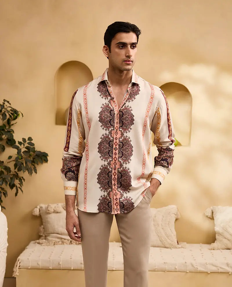 Beige Floral and Geometric Striped Print Slim Fit Shirt