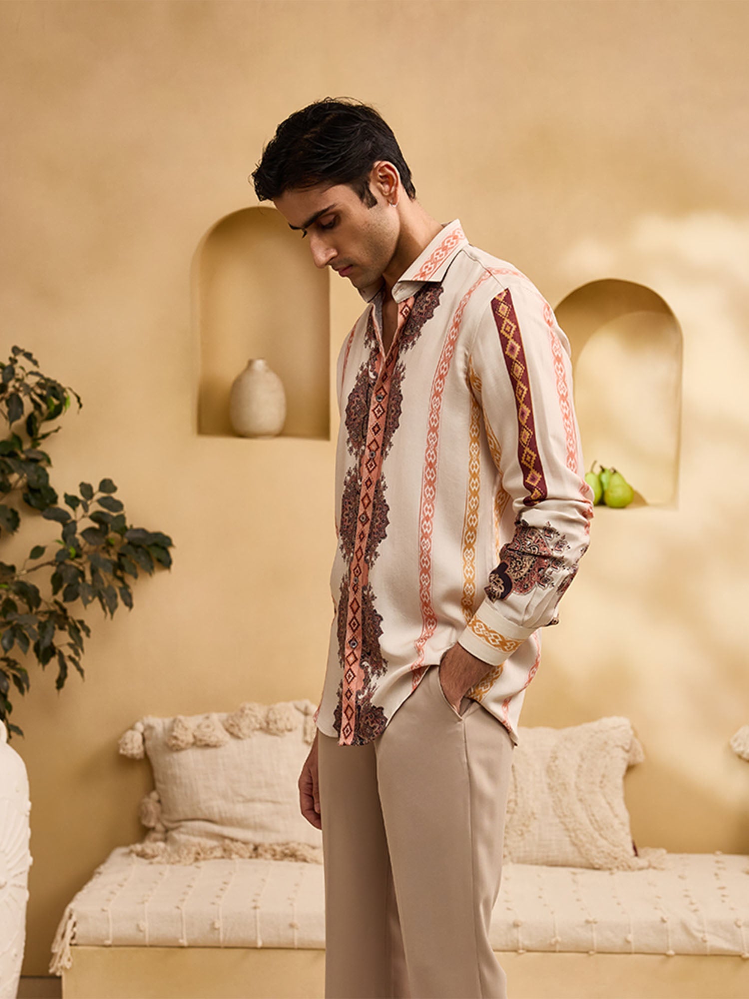 Beige Floral and Geometric Striped Print Slim Fit Shirt