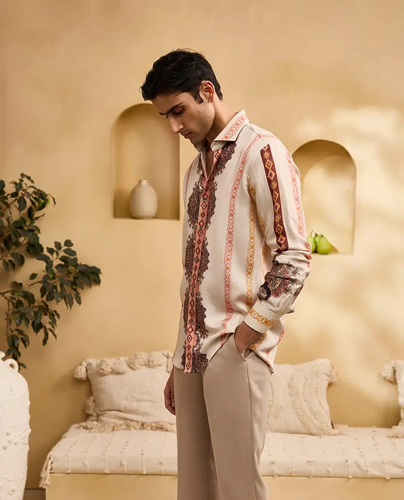 Beige Floral and Geometric Striped Print Slim Fit Shirt