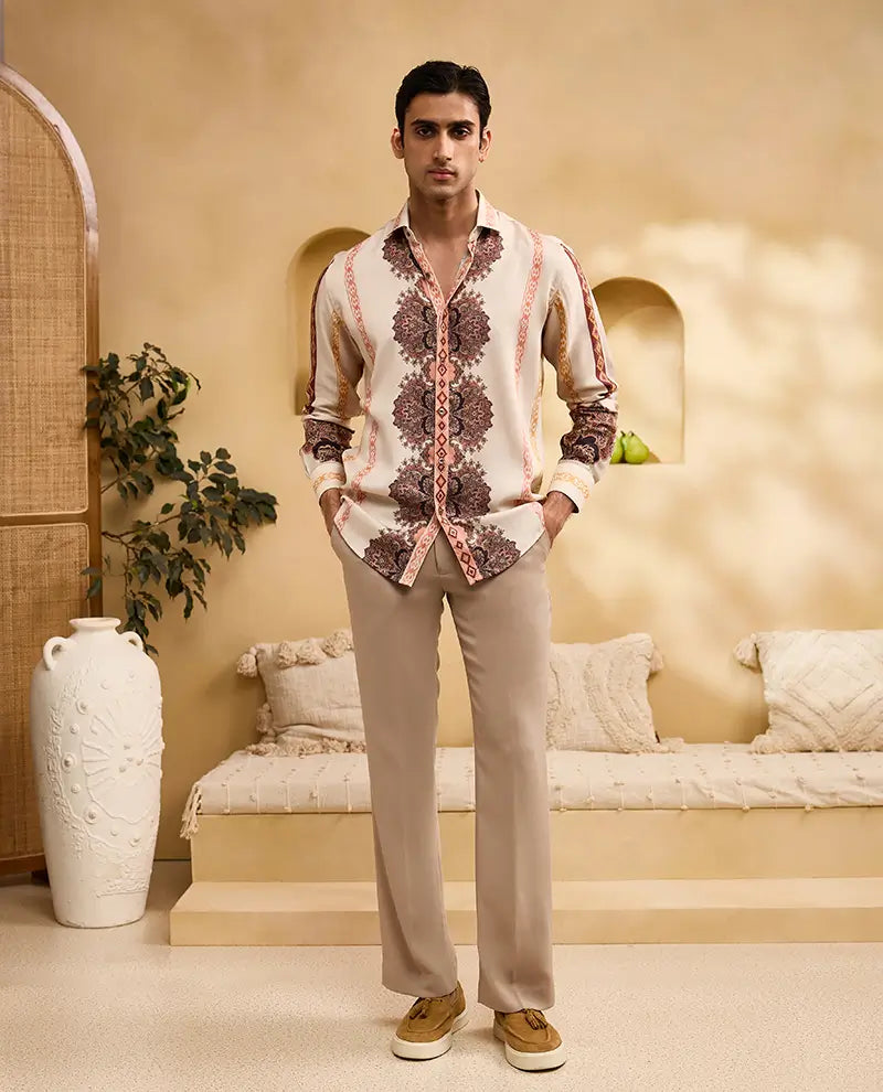 Beige Floral and Geometric Striped Print Slim Fit Shirt