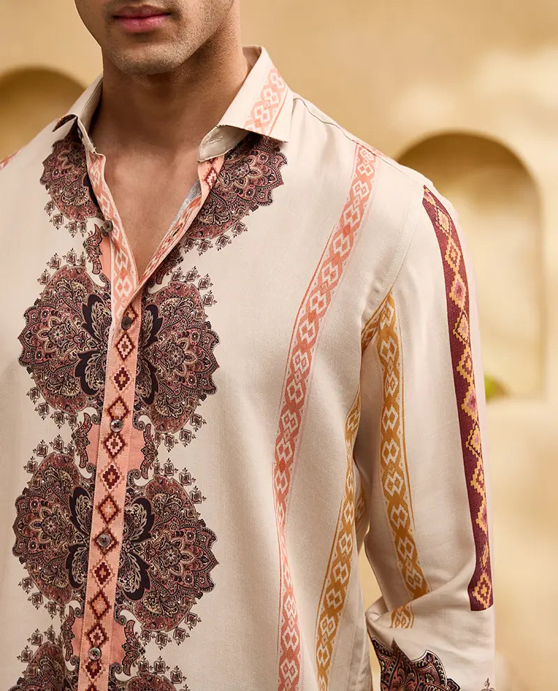 Beige Floral and Geometric Striped Print Slim Fit Shirt