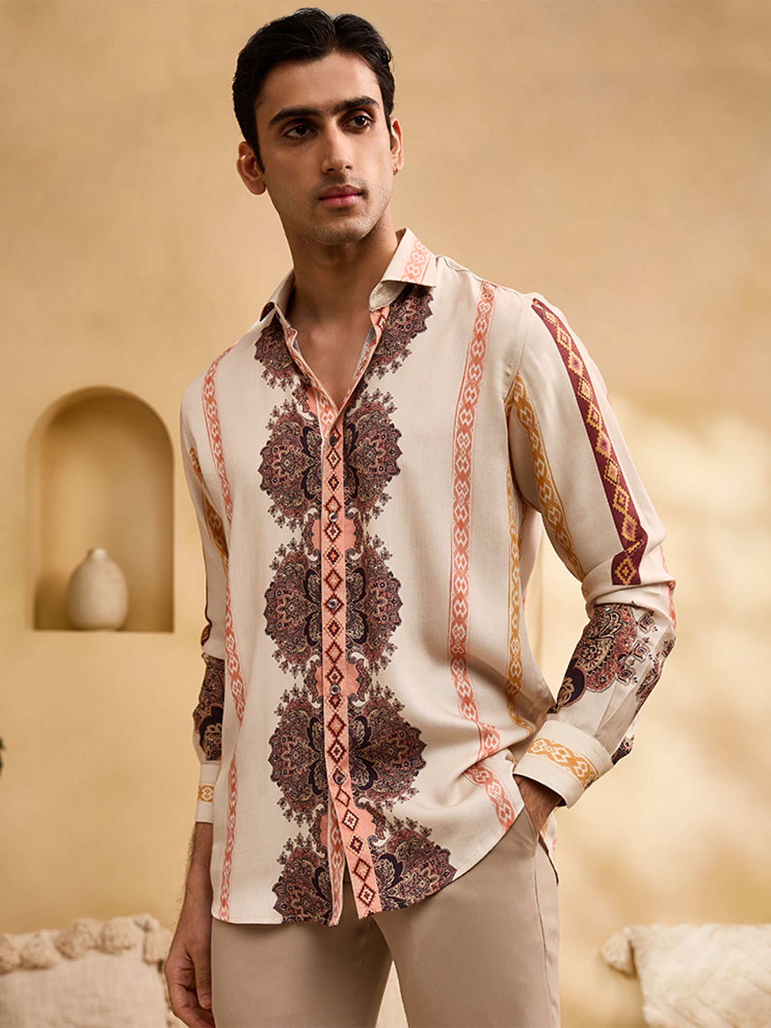 Beige Floral and Geometric Striped Print Slim Fit Shirt
