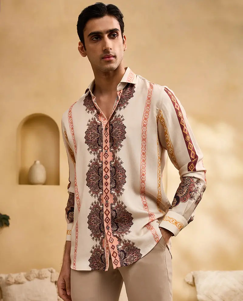 Beige Floral and Geometric Striped Print Slim Fit Shirt