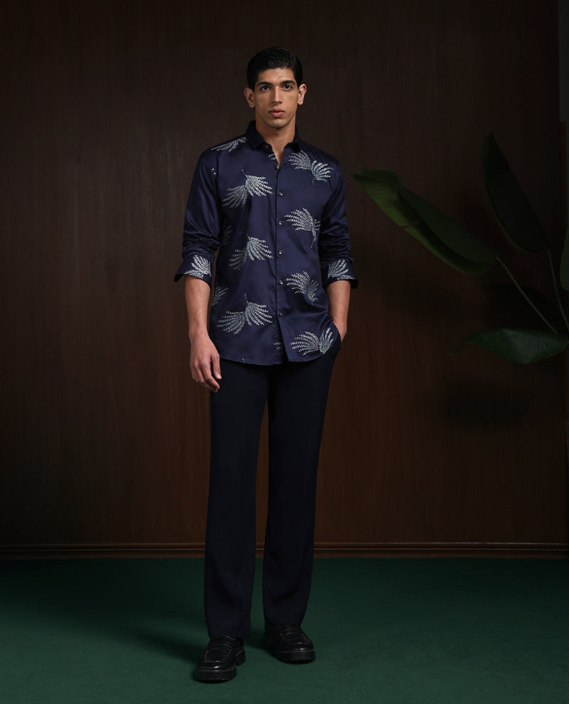 Navy Blue Slim Fit Cotton Shirt with Elegant Embroidery Detailing