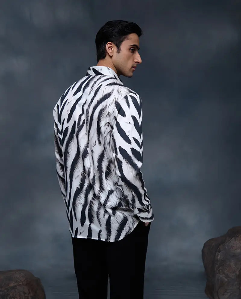 White and Black Zebra Stripes Print Slim Fit Shirt